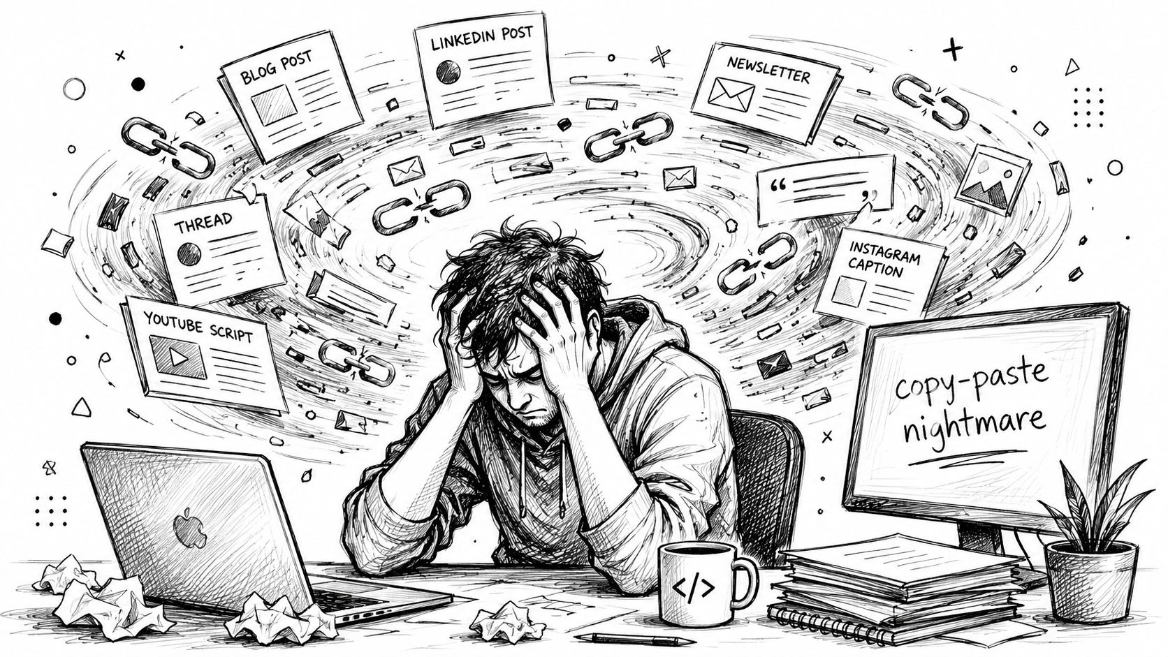 A person feeling overwhelmed by the content repurposing strategy process while sitting at a cluttered desk.
