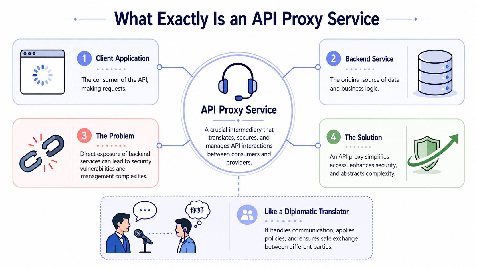 A diagram explaining API proxy services, showing their role as intermediaries between client applications and backend services.