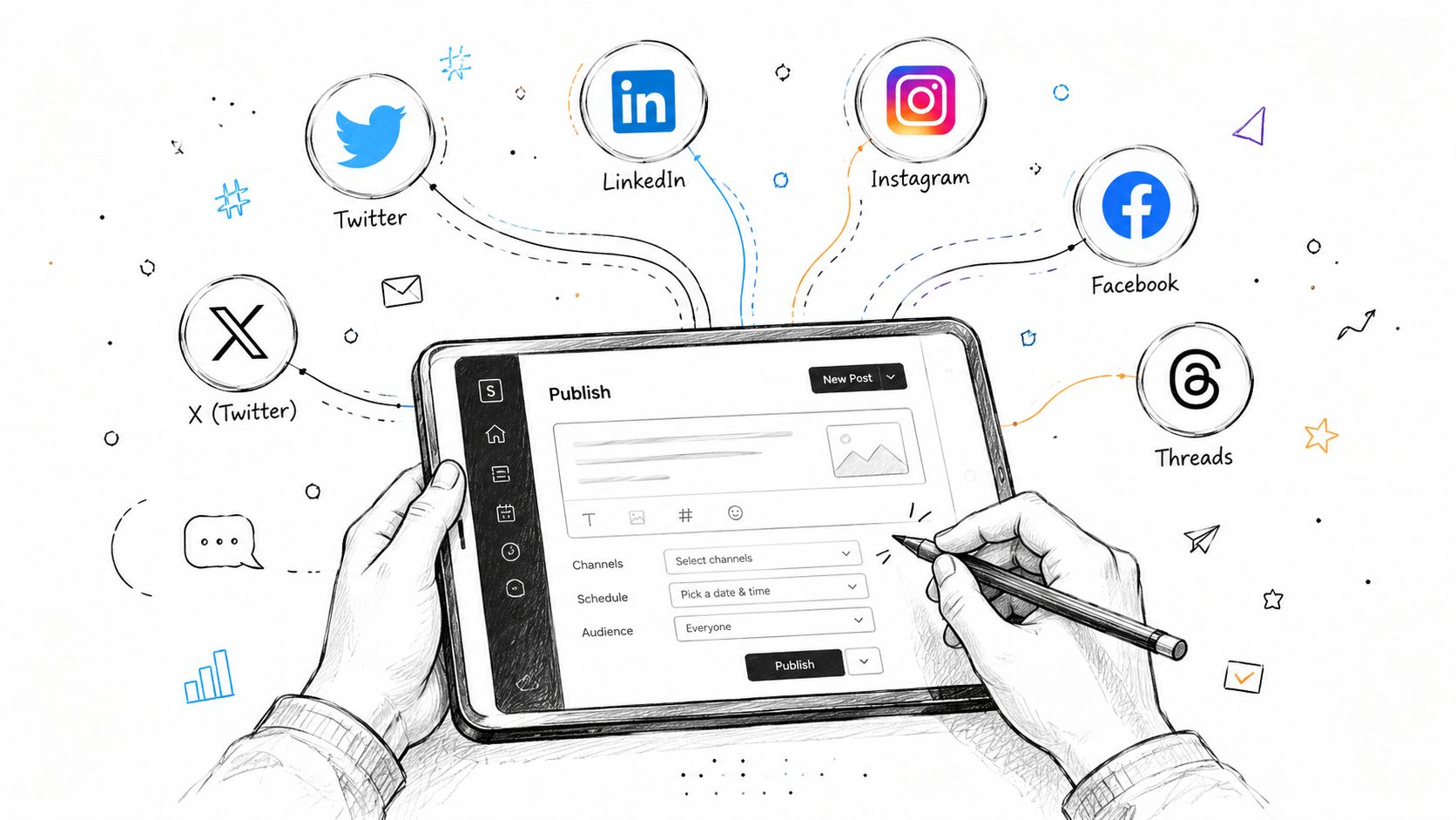 A digital illustration of a tablet displaying a content publishing interface, connected to various social media icons.
