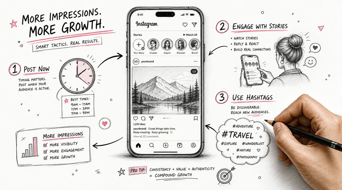 A hand-drawn illustration showing three key strategies for increasing Instagram impressions and profile growth.