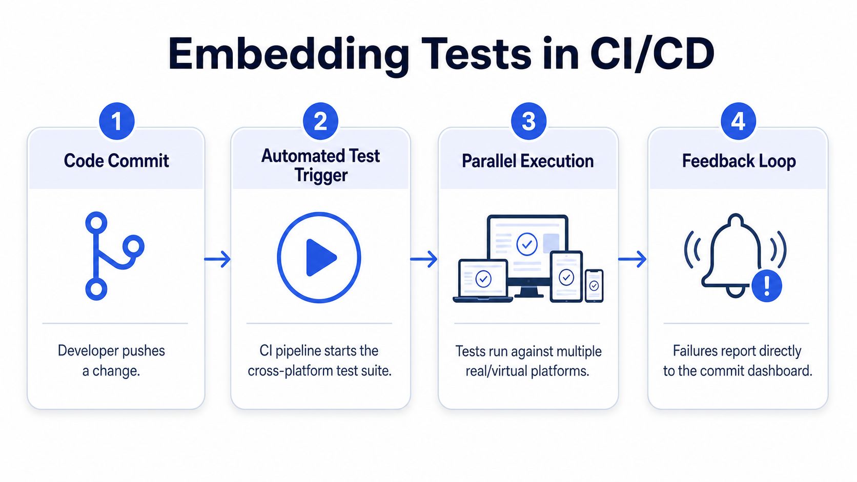 A diagram illustrating the four steps of embedding automated testing into a CI/CD development pipeline.