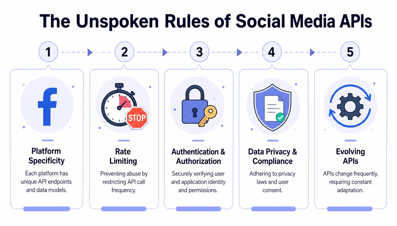 An infographic outlining the five essential rules for working with social media application programming interfaces.