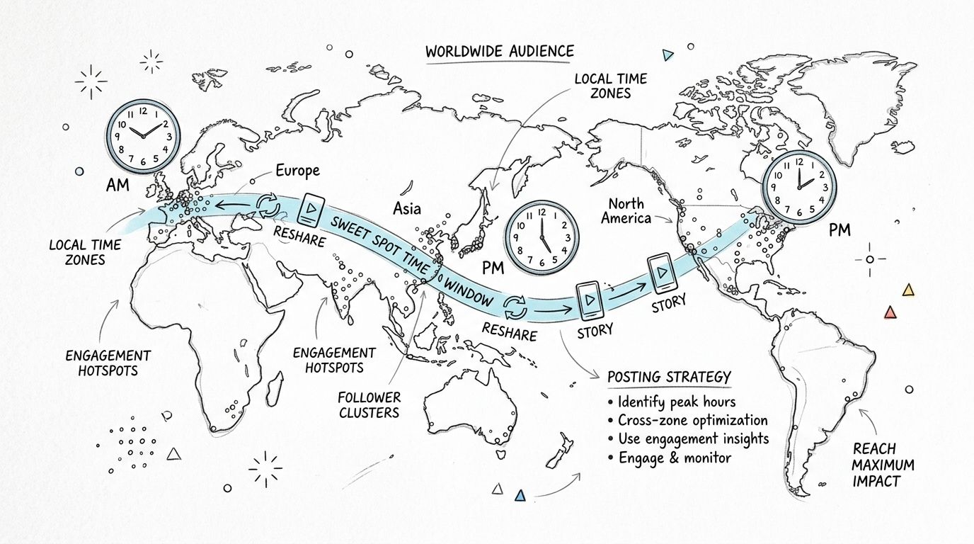 A world map illustration showing time zones, engagement hotspots, and strategies for posting content to global audiences.