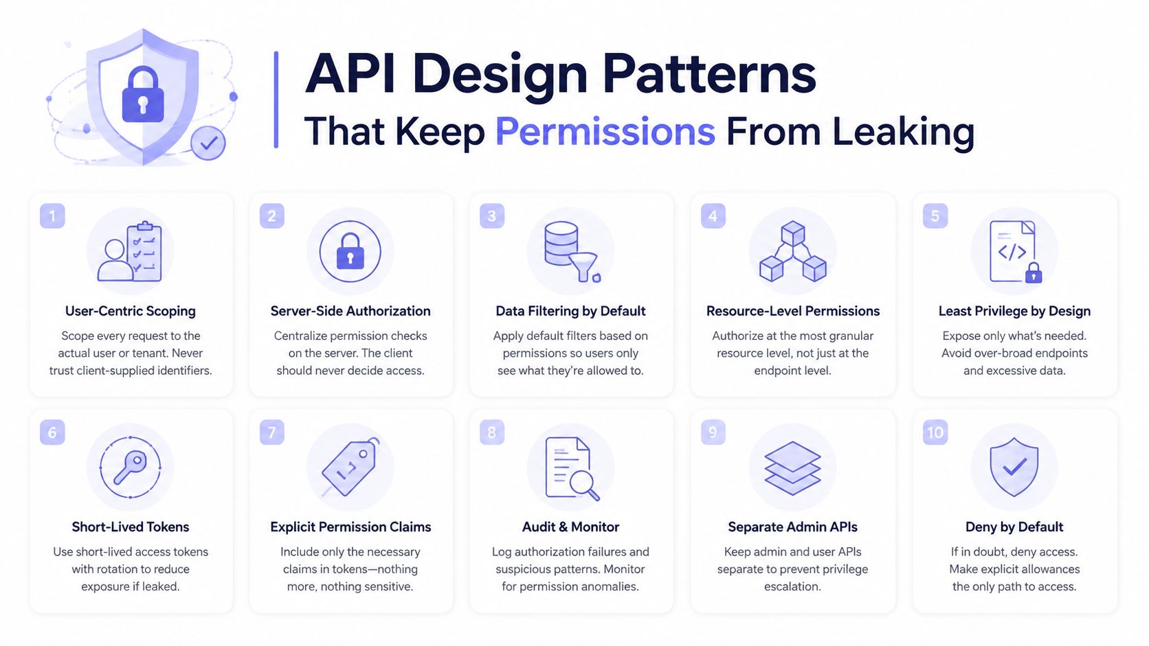 An infographic titled API Design Patterns That Keep Permissions From Leaking featuring ten essential security best practices.