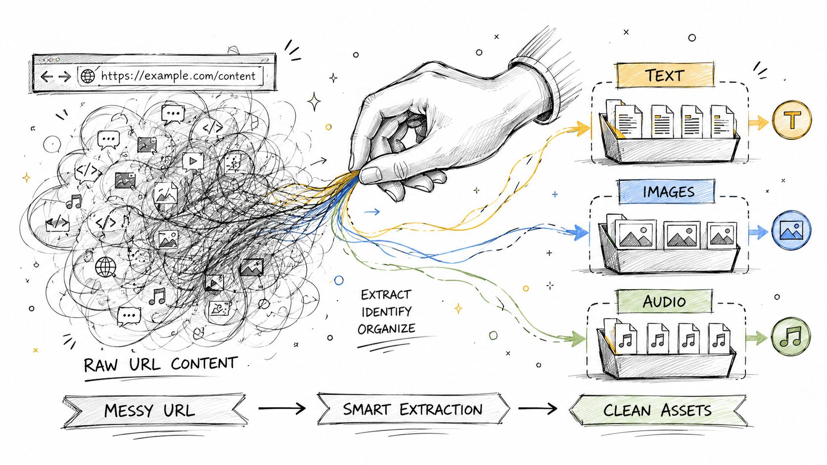 A conceptual drawing illustrating a hand transforming messy raw URL content into organized text, images, and audio assets.