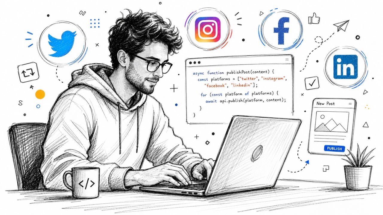 A digital illustration of a young man coding a social media management app at his laptop.