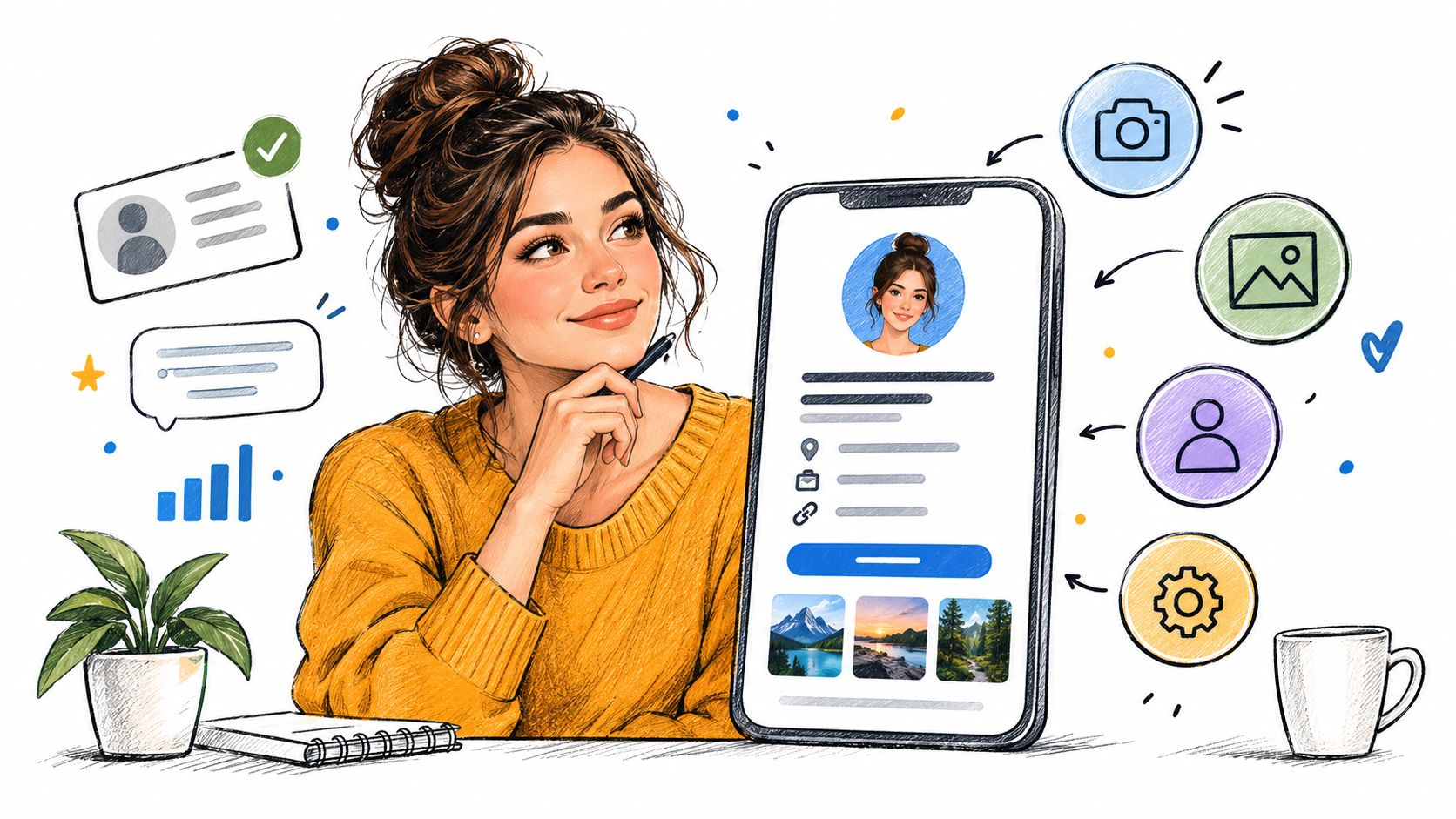 A woman thinking about social media strategy next to a smartphone displaying a profile and interface icons.