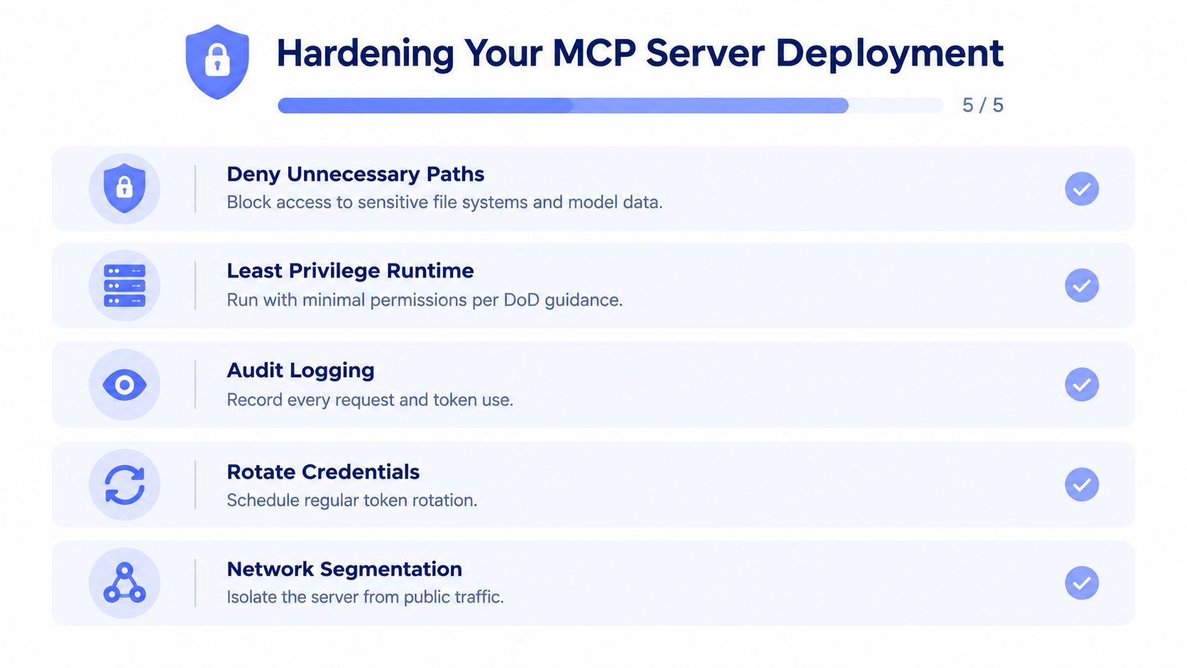 A checklist infographic titled Hardening Your MCP Server Deployment showing five essential security best practices.