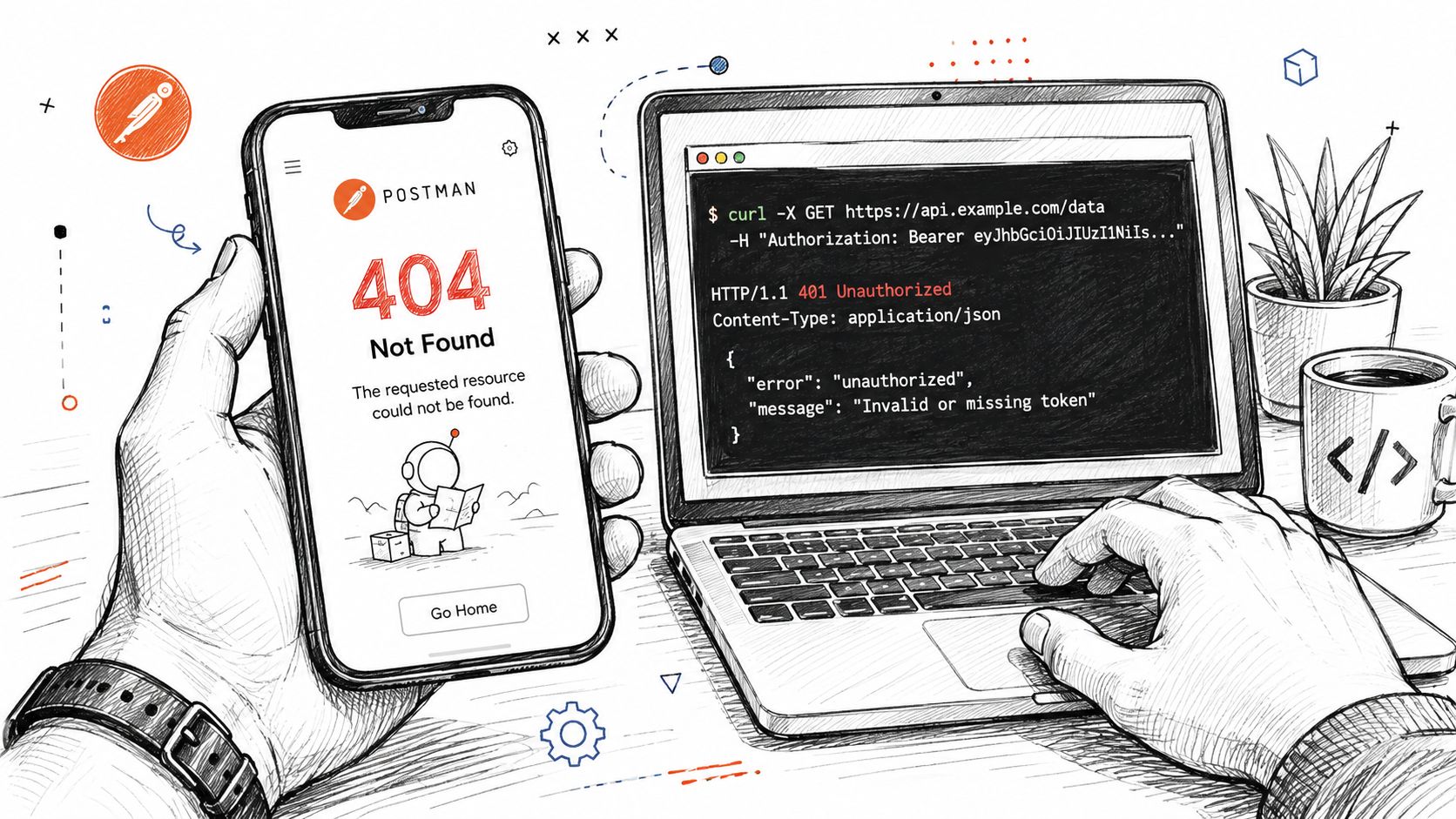 A hand holding a phone displaying a 404 error next to a laptop showing API authentication error codes.