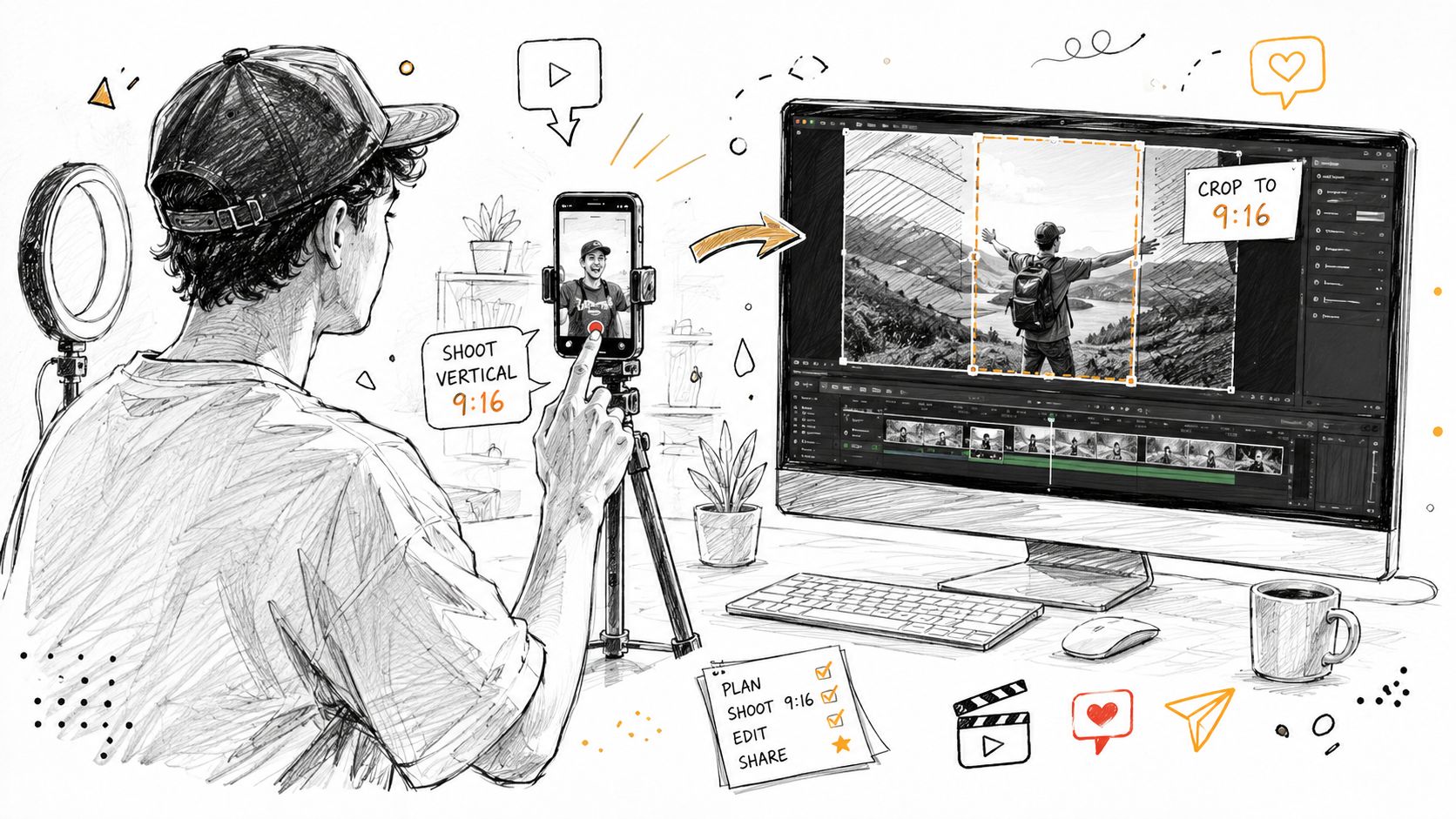 A digital illustration showing a person filming vertical content on a smartphone and editing it on a computer.