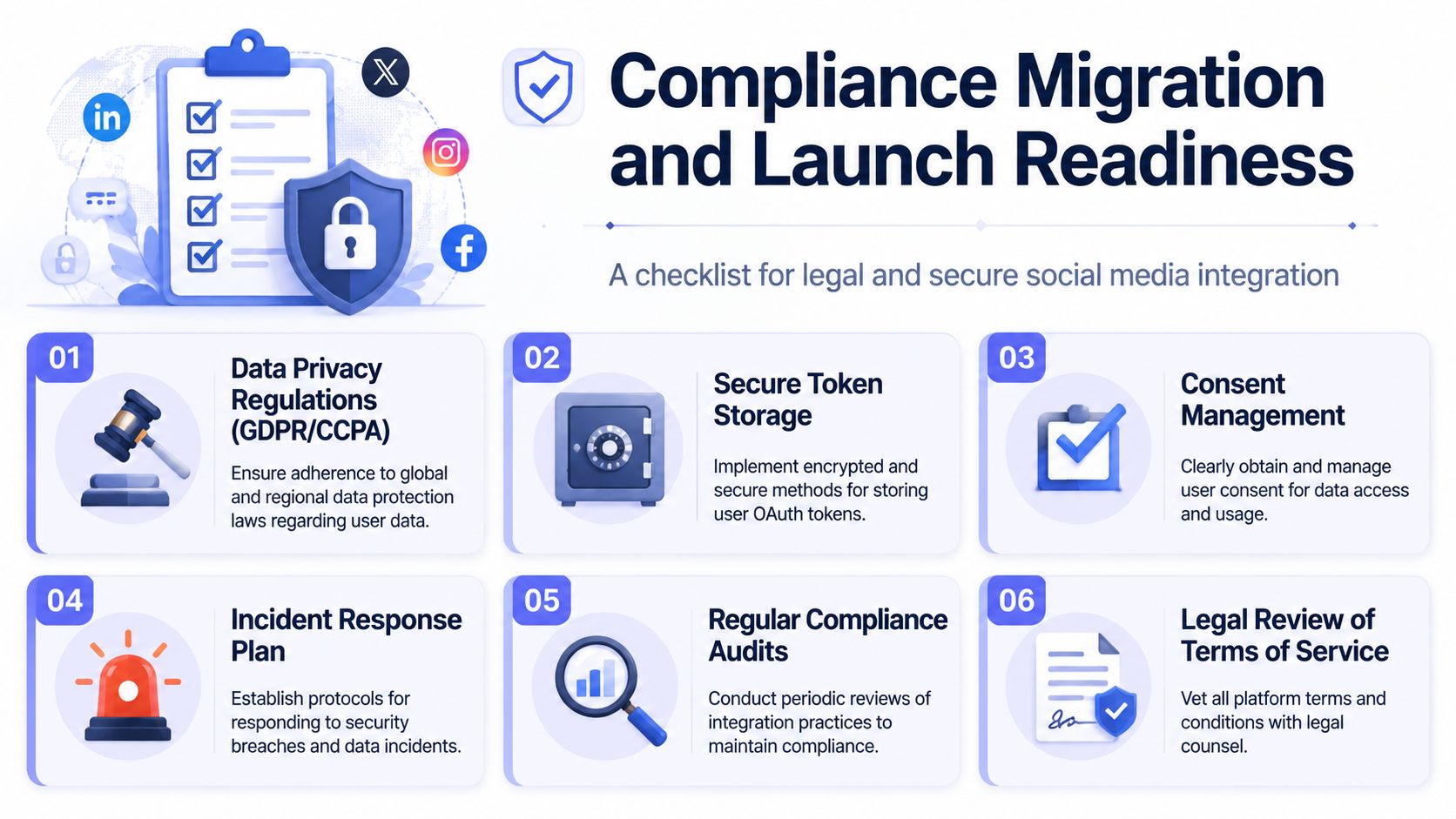 A checklist infographic titled Compliance Migration and Launch Readiness for secure social media integration.