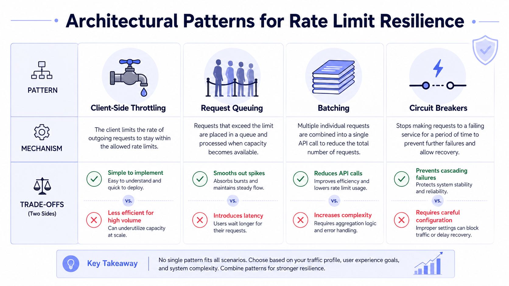 A diagram comparing four architectural patterns for rate limit resilience: client-side throttling, request queuing, batching, and circuit breakers.
