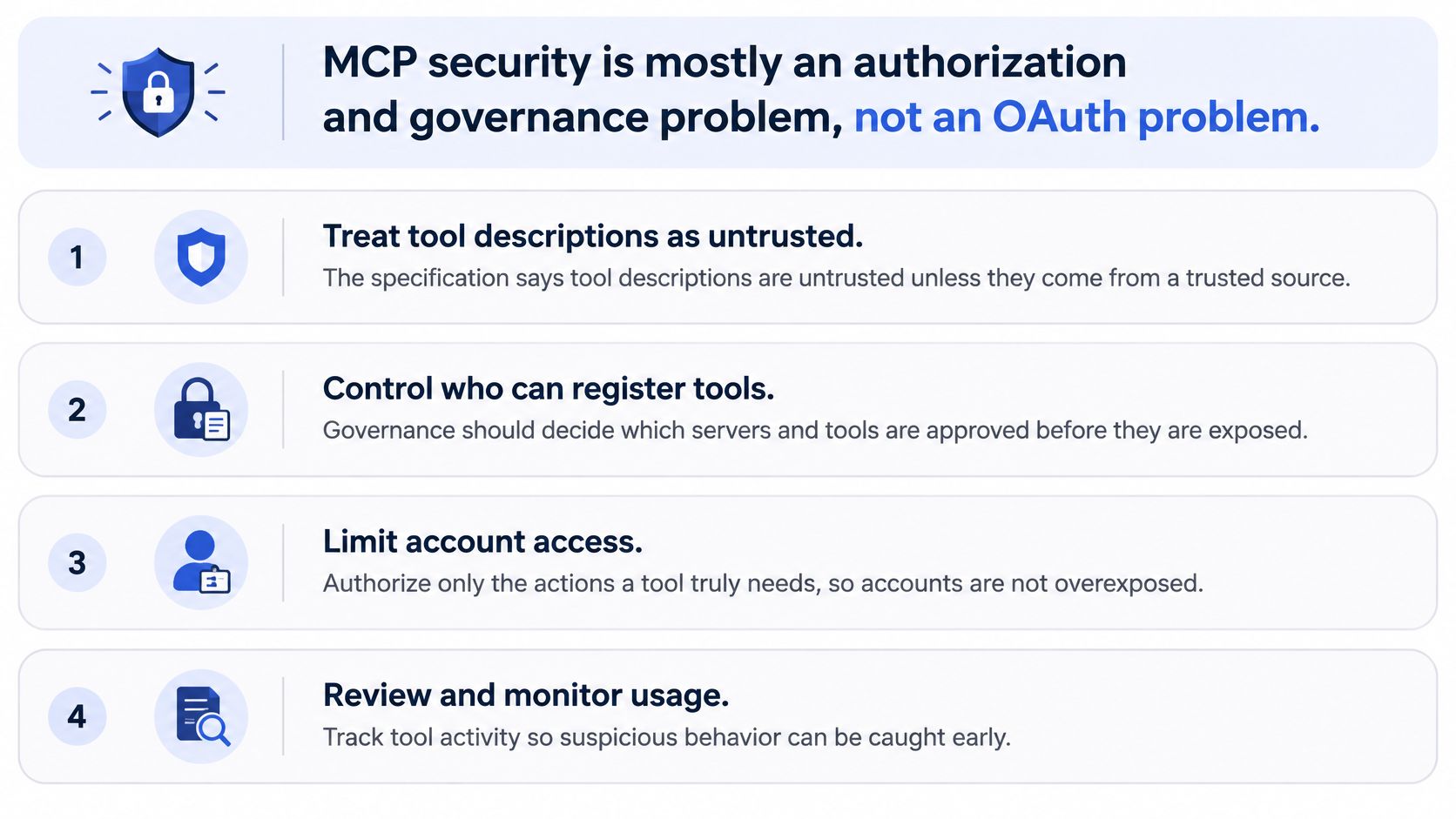 A list of four key security recommendations for developers managing MCP servers, emphasizing authorization and governance.