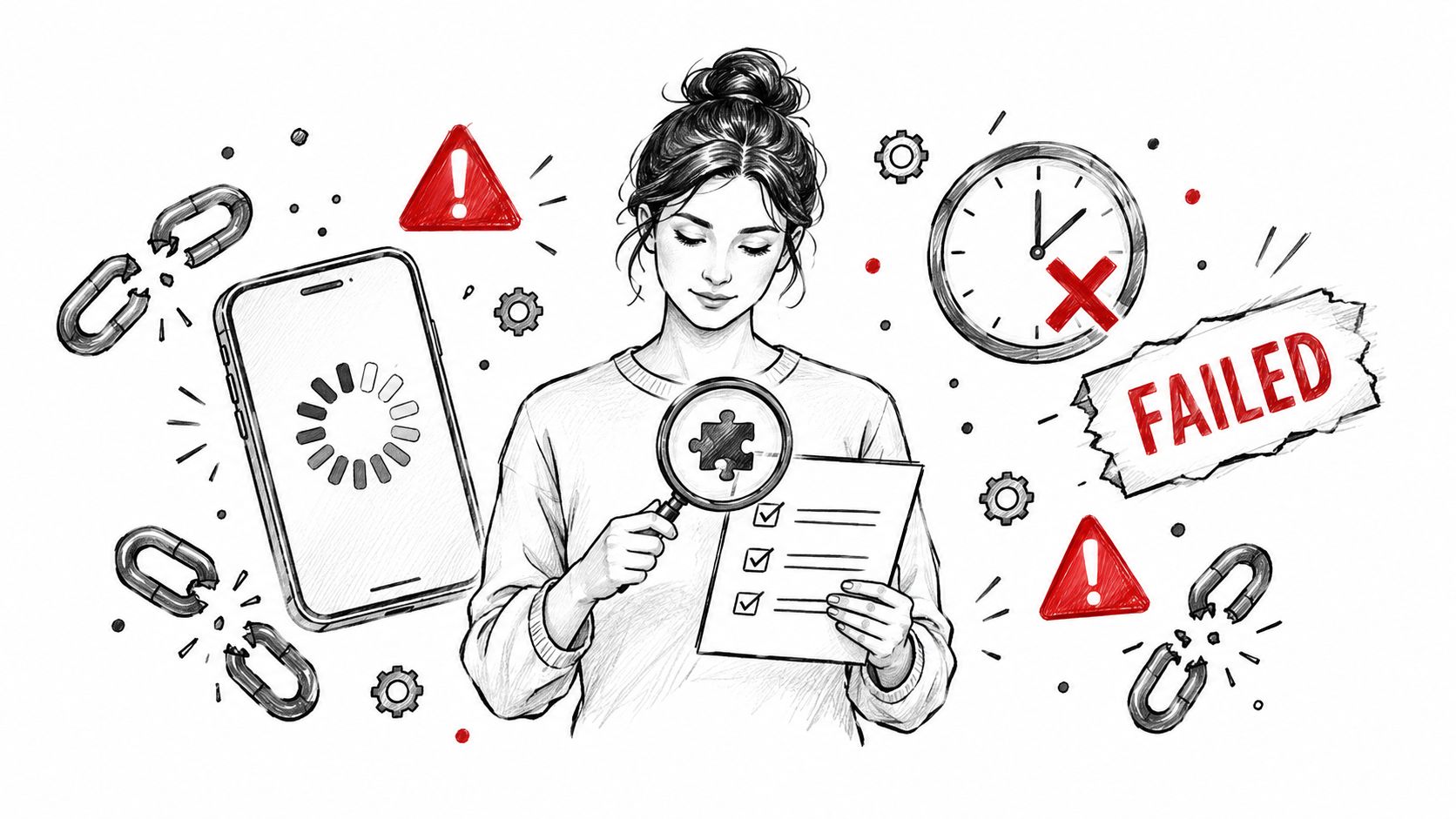 A sketched illustration of a woman looking at a checklist while experiencing technical delays and failed tasks.