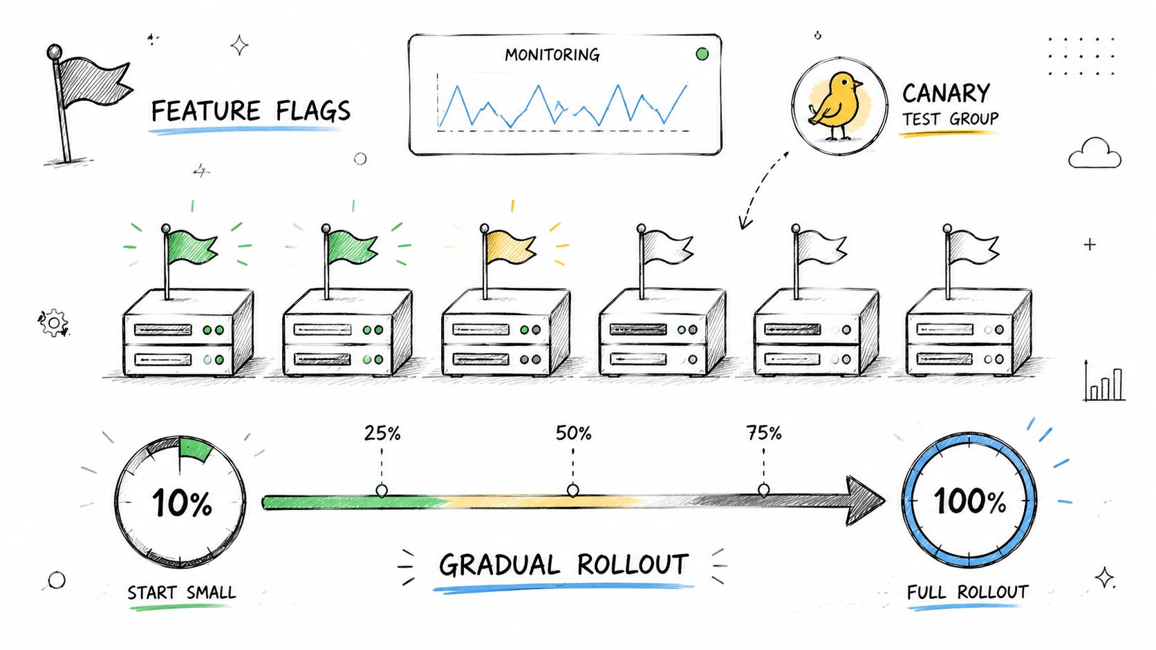 A hand-drawn illustration depicting feature flags, canary testing, and a gradual rollout process for software updates.