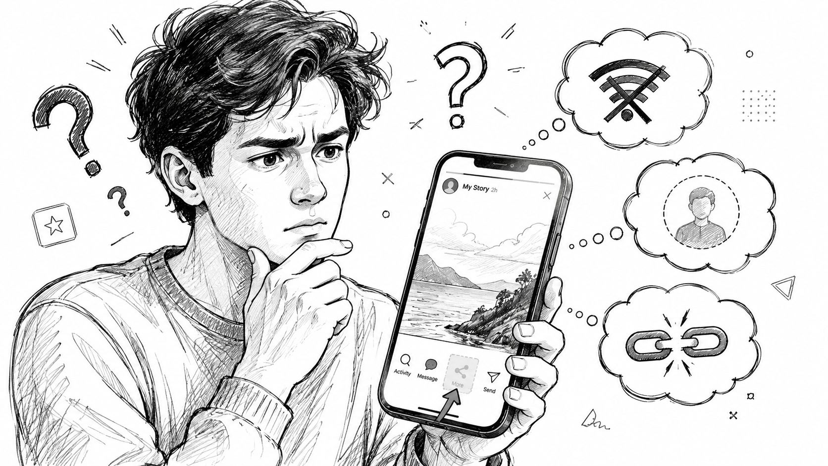 A line drawing of a young person confused while looking at an Instagram story sharing options menu.