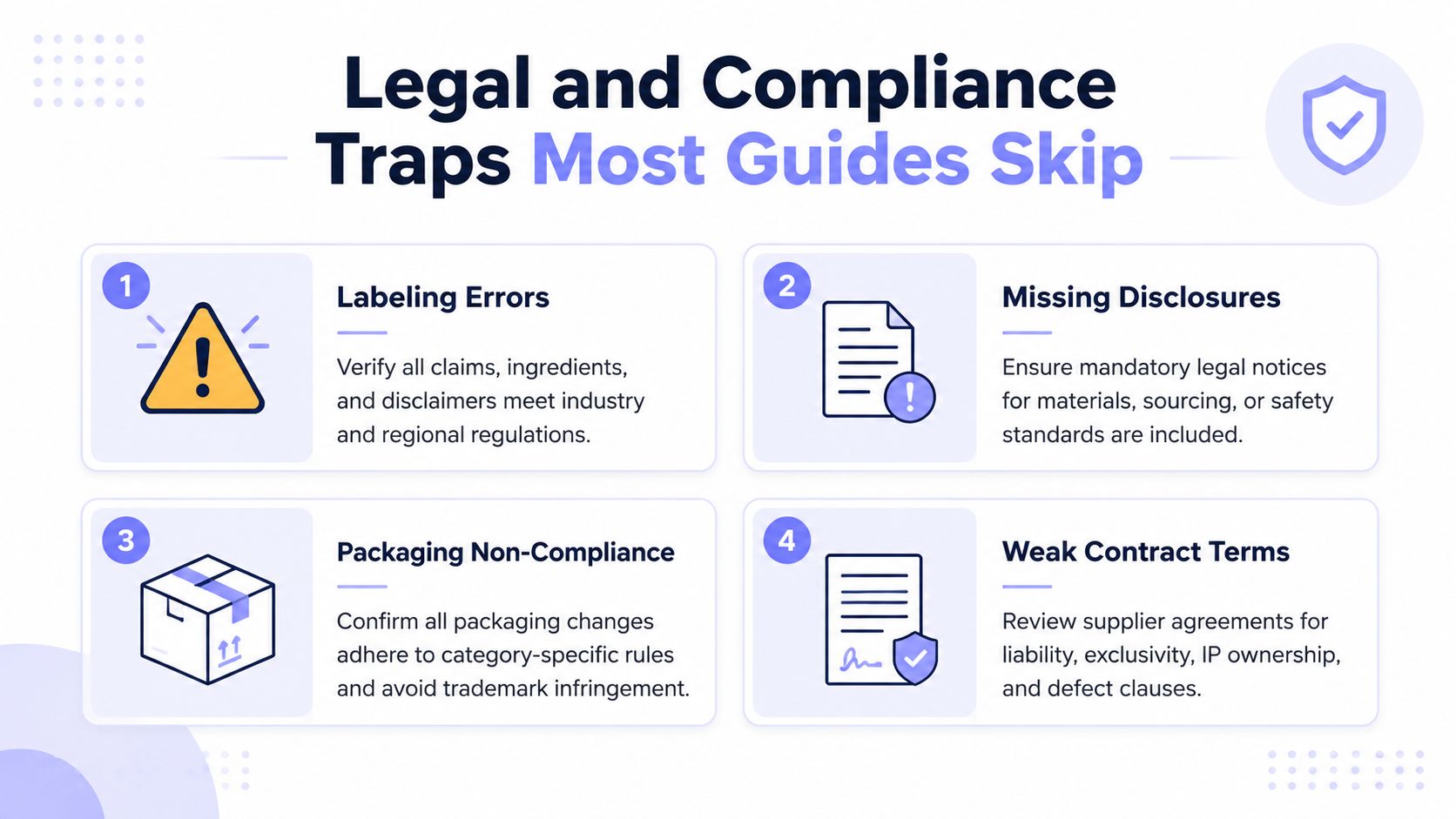 An infographic titled Legal and Compliance Traps listing four key pitfalls when managing product manufacturing and branding.