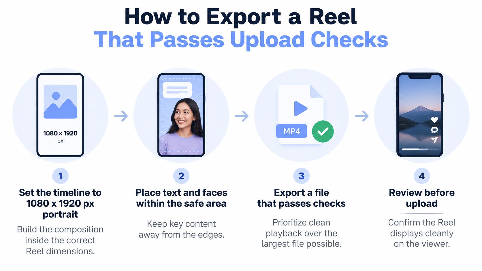 A four-step guide infographic illustrating how to create and export Instagram Reels with optimal dimensions and safe zones.