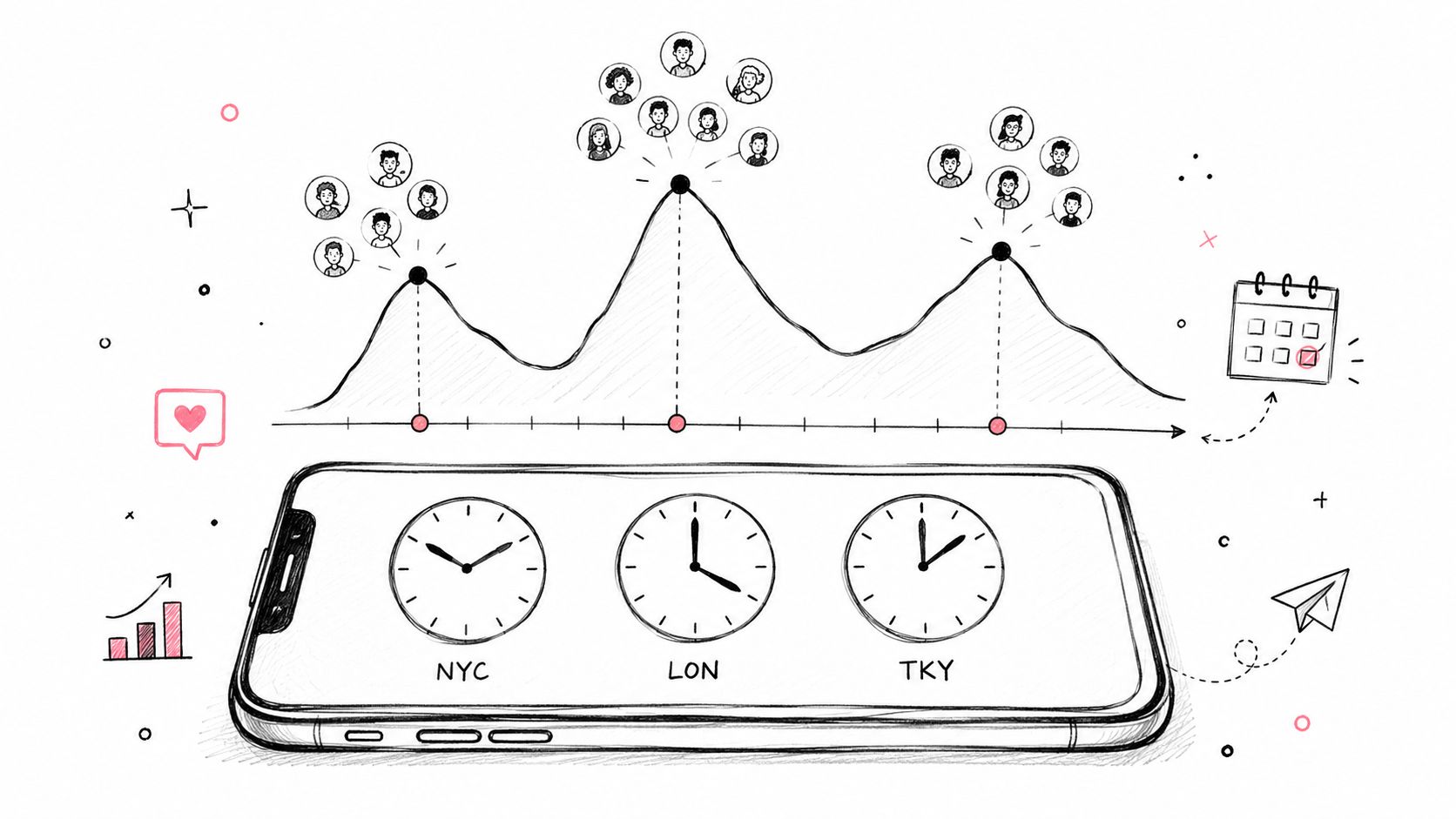 A hand-drawn illustration showing a trend graph with audience profiles and world clocks on a smartphone screen.