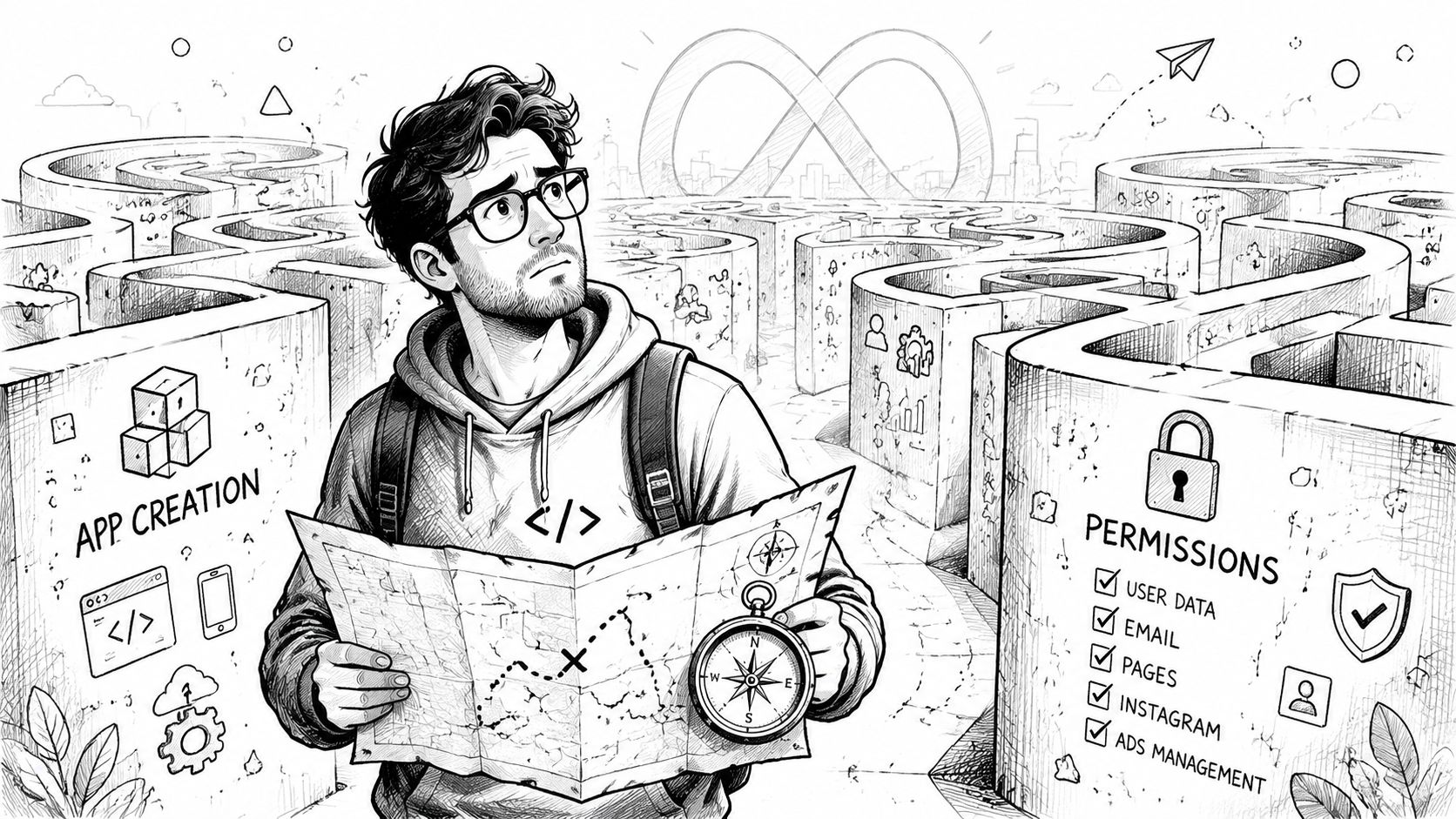 A young developer navigating a complex maze, illustrating the challenges of integrating with the Instagram Graph API.