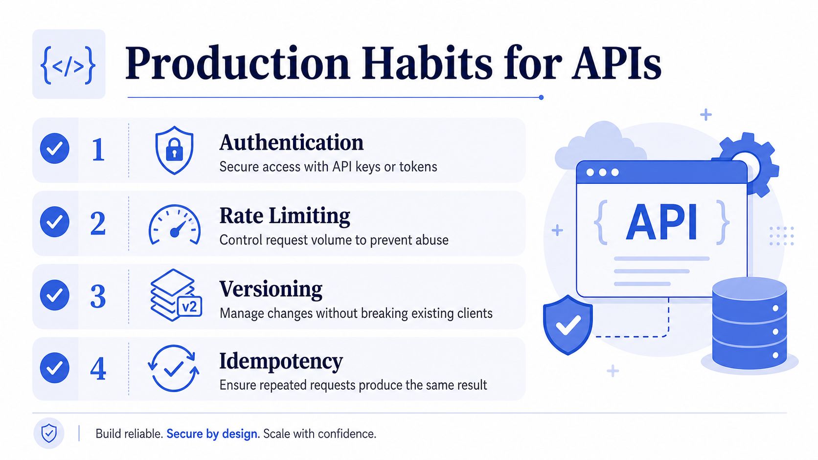 An infographic titled Production Habits for APIs outlining four key practices: authentication, rate limiting, versioning, and idempotency.