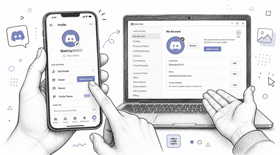 A hand holding a smartphone and another hand gesturing toward a laptop displaying Discord account settings.