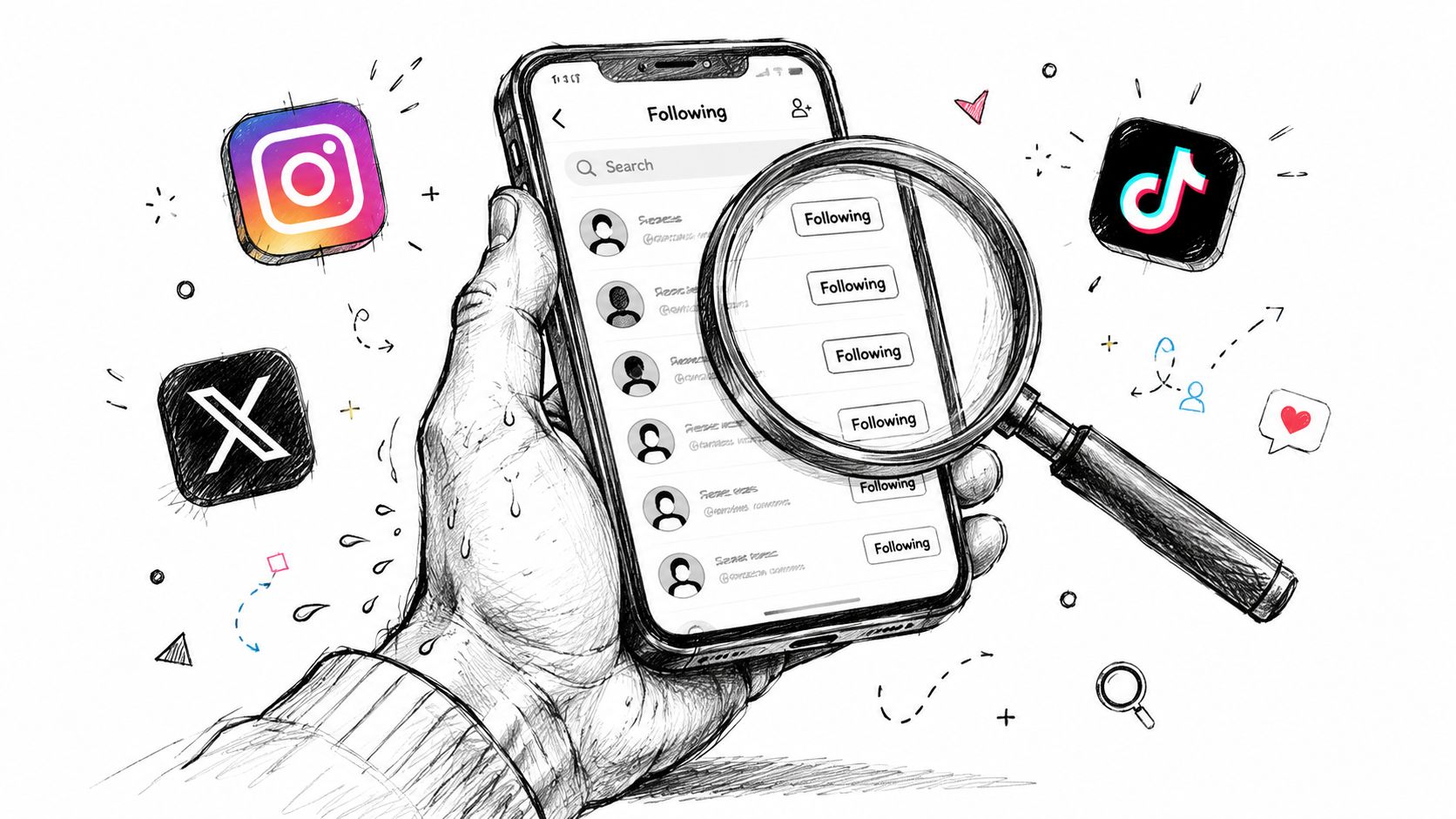 A hand holding a smartphone showing a follower list while being inspected by a magnifying glass.