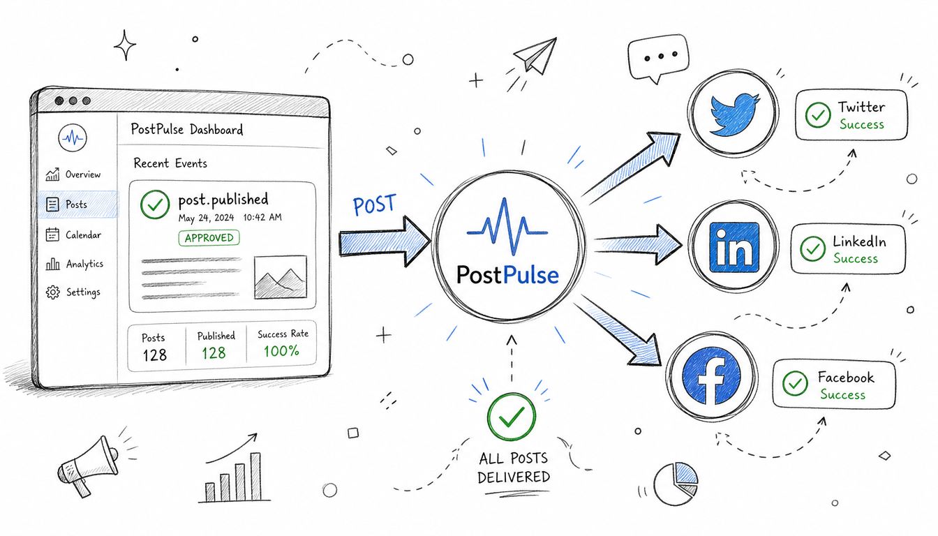 A diagram illustrating how a PostPulse webhook dashboard automates and confirms social media post delivery across platforms.