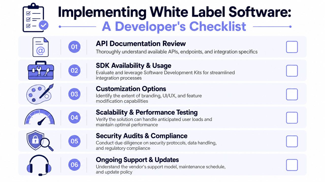 A professional checklist outlining six essential steps for developers when implementing white label software solutions.
