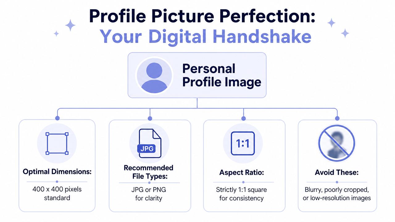 An infographic titled Profile Picture Perfection showing recommended dimensions, file types, and aspect ratio for profile photos.