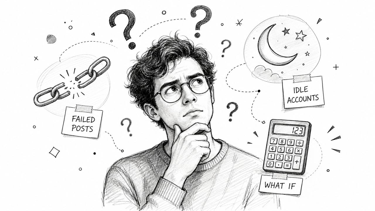 A contemplative young man with glasses surrounded by hand-drawn sketches representing business challenges and uncertainty.