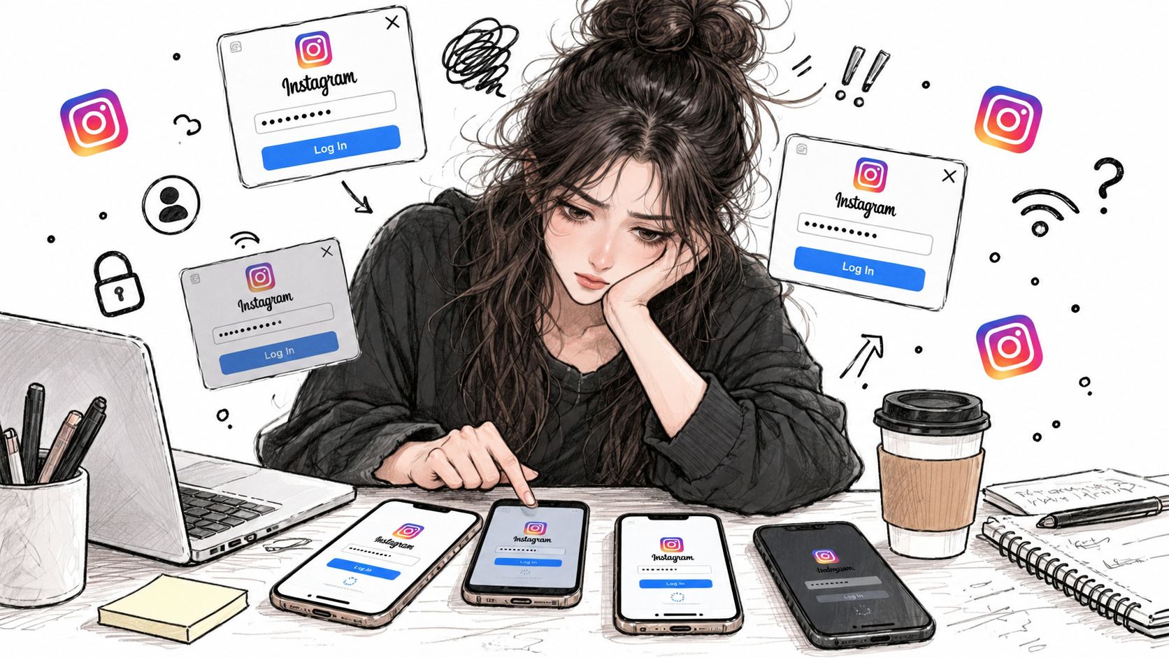 A tired woman sits at a desk surrounded by multiple phones and computer screens showing Instagram login pages.