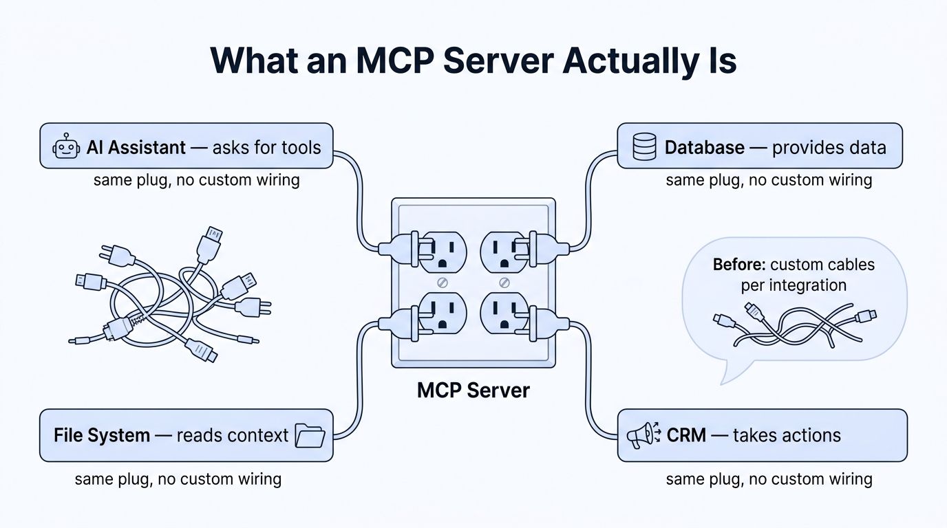 A diagram illustrating how an MCP server standardizes connections between an AI assistant and various data sources.