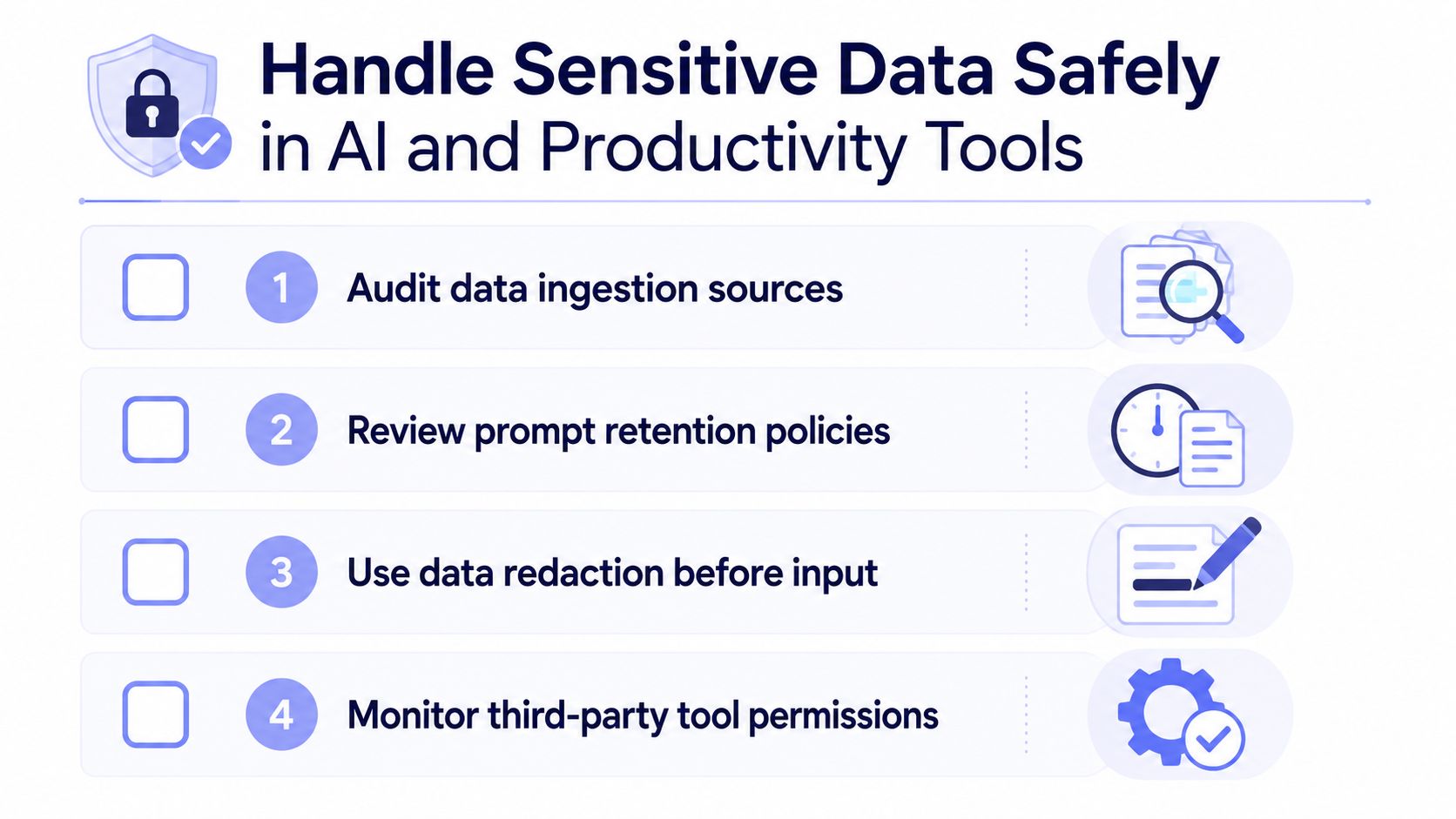 A checklist infographic illustrating four essential steps for handling sensitive data safely in AI and productivity tools.