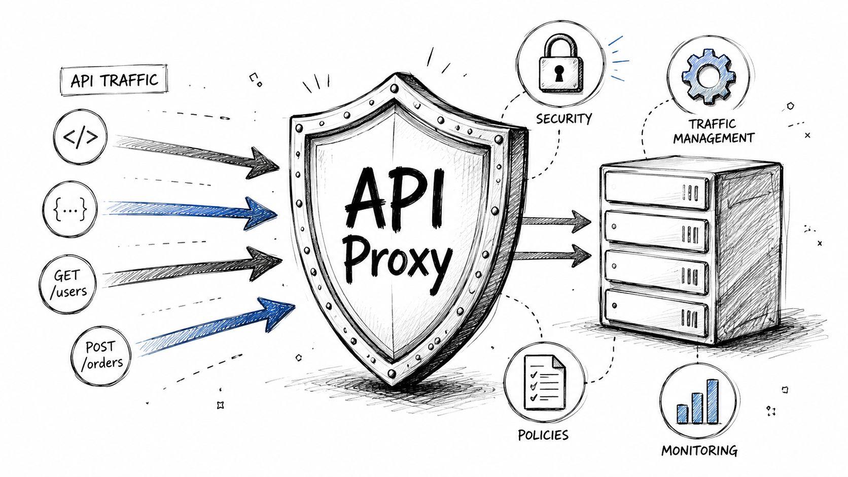 A hand-drawn illustration showing an API proxy shield protecting a server, managing traffic and security policies.