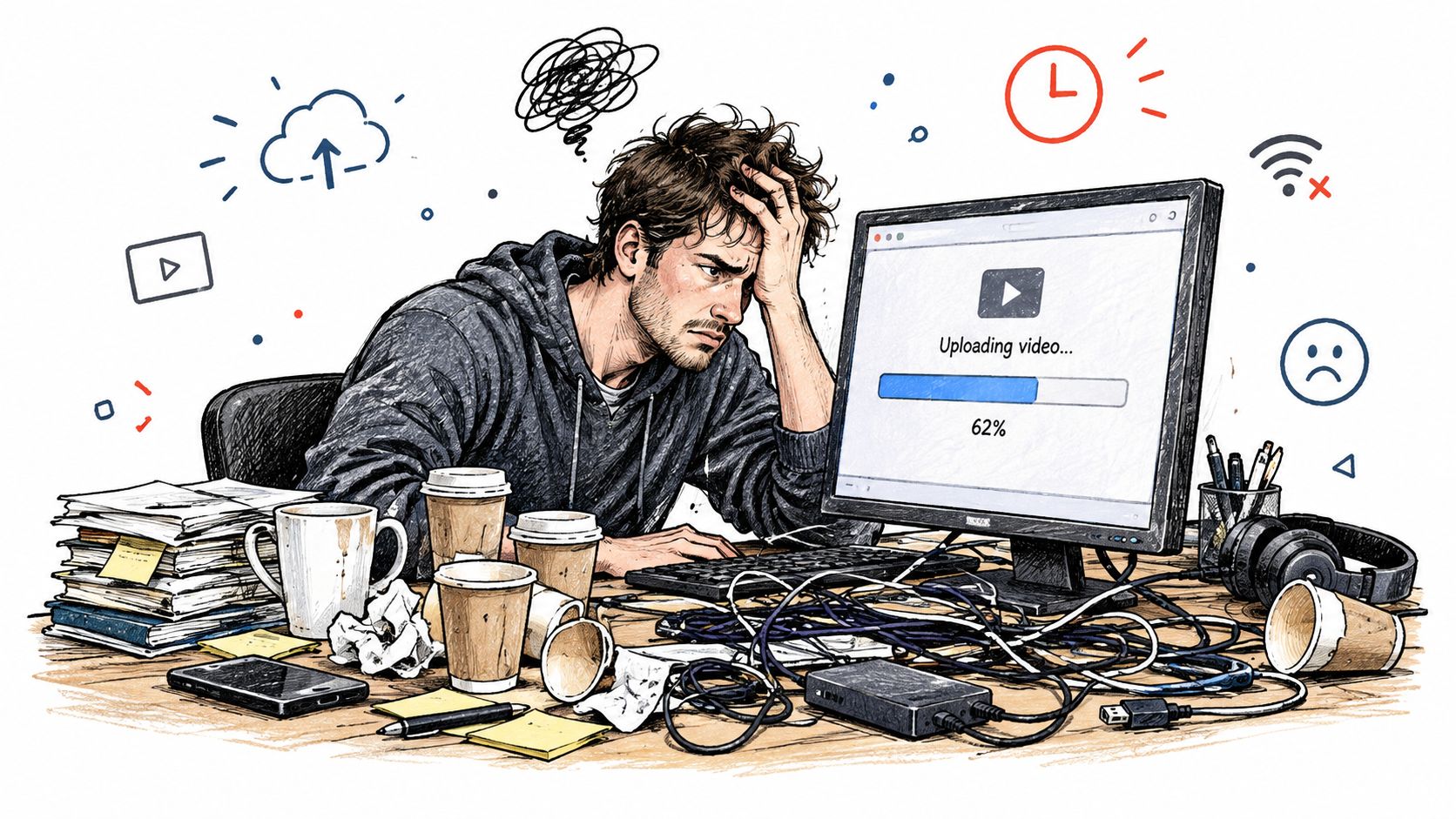 Stressed young man struggling with slow video upload progress on his computer at a messy workspace.