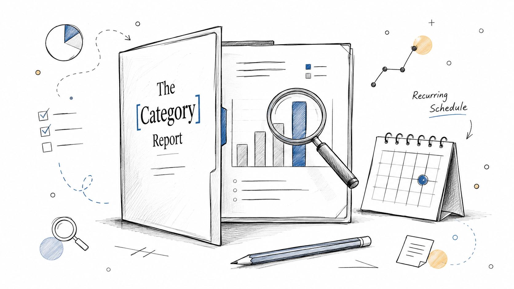 A hand-drawn sketch of a business report folder, calendar, and magnifying glass representing data analysis and reporting.