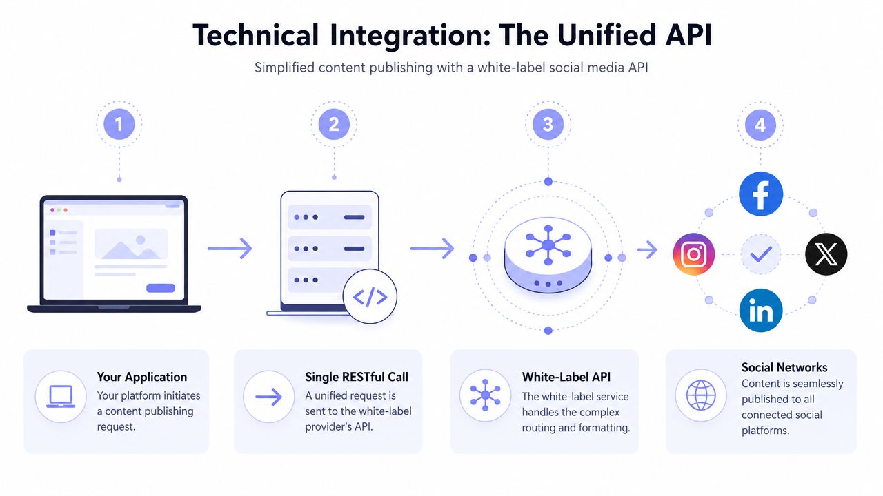 A diagram illustrating the four-step workflow of a white-label social media API for automated content publishing.