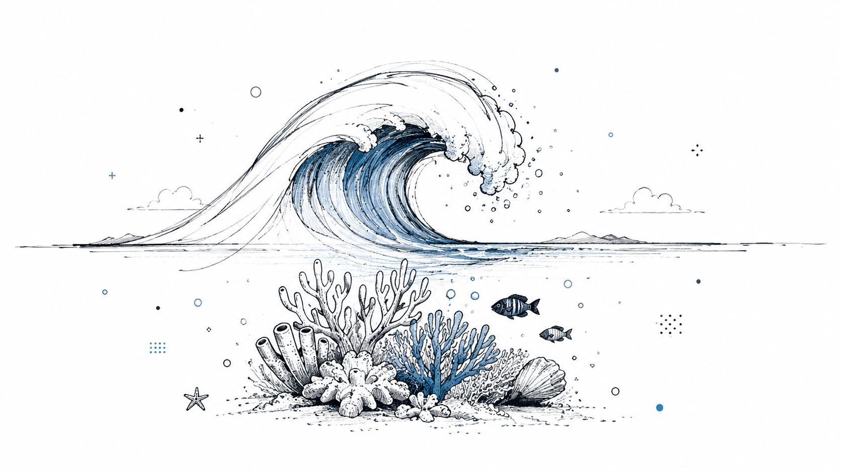 A detailed ink sketch illustration featuring a large crashing ocean wave above a vibrant coral reef.