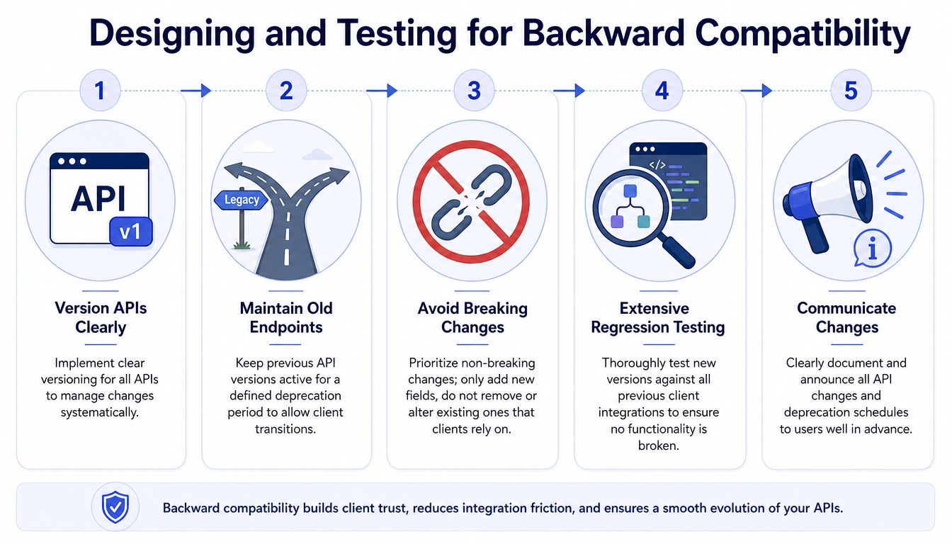 A five-step infographic illustrating essential practices for designing and testing APIs to ensure backward compatibility.