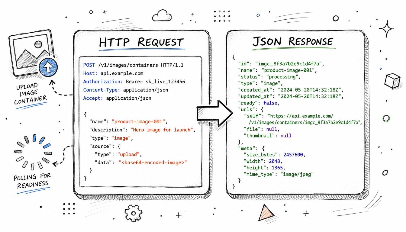 A technical diagram illustrating the HTTP POST request and JSON response cycle for uploading image containers to an API.