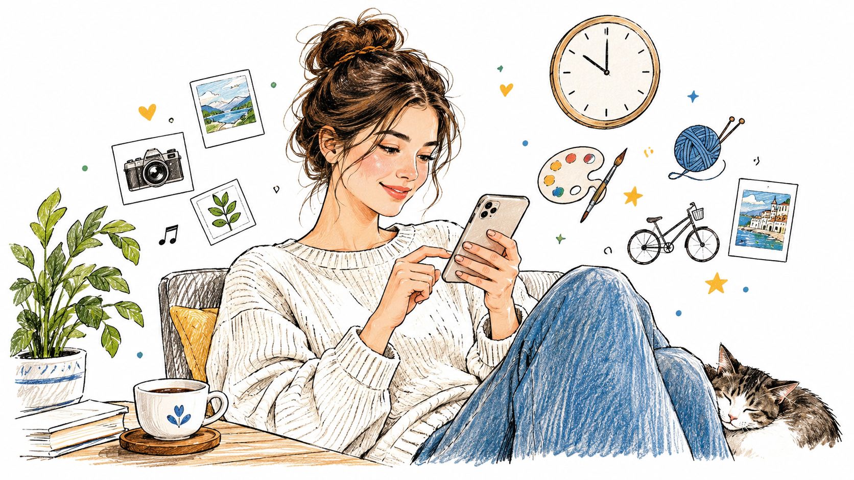 A relaxed young woman smiling while browsing on her smartphone next to her sleeping pet cat.