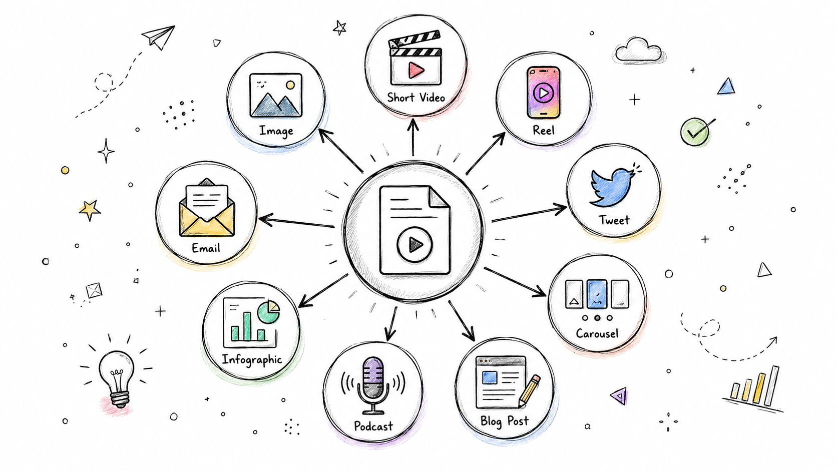 A hand-drawn illustration showing a central video file icon branching out into various digital content types.