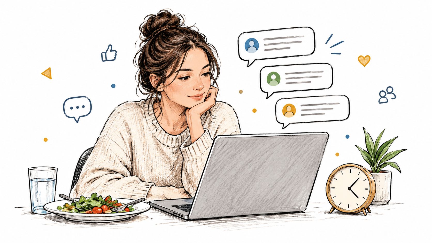 A young woman sits at a desk with a laptop, salad, and clock, engaging with social media notifications.