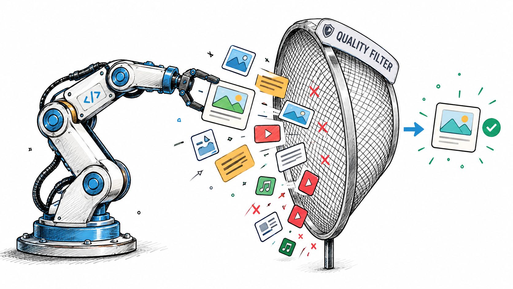 A robotic arm sorts various digital content types through a Quality Filter net, producing high-quality output.