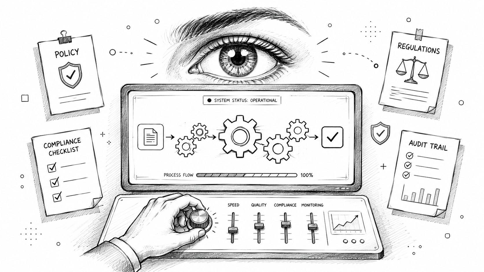 A hand adjusts controls on a digital dashboard panel illustrating automated process management, policy compliance, and monitoring.