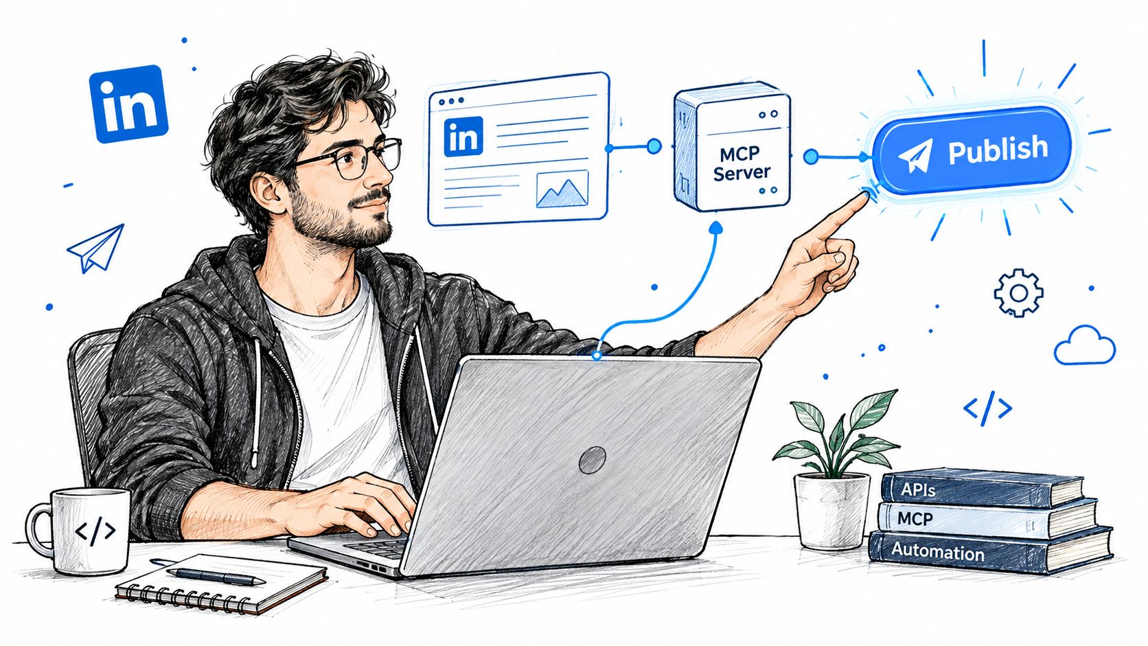A digital illustration of a developer using an MCP server to automate publishing content to LinkedIn.