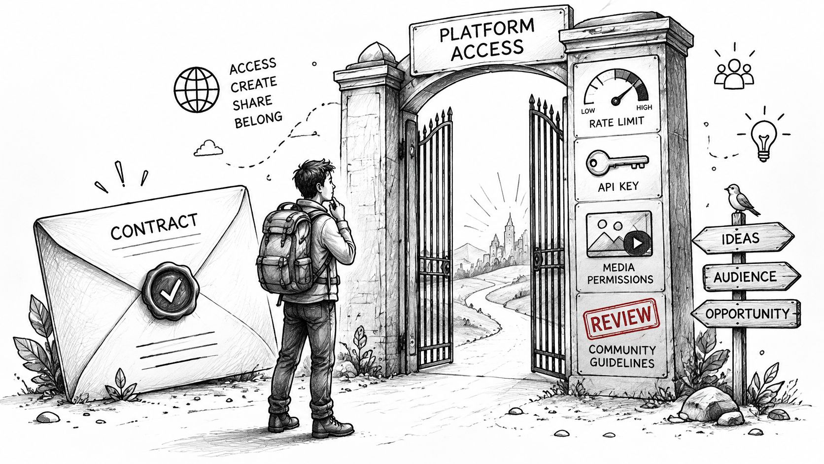 A traveler stands before a gate representing platform access, depicting API integration concepts and community guidelines.