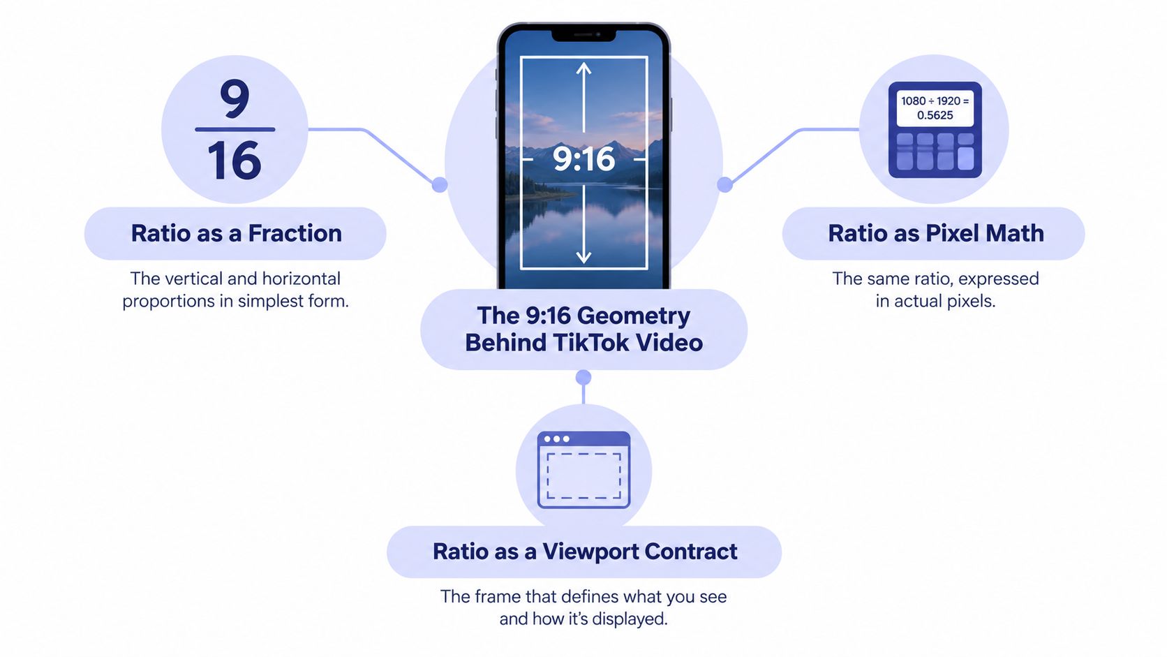 A diagram explaining the 9:16 aspect ratio used for TikTok videos through fractions, pixel math, and viewports.