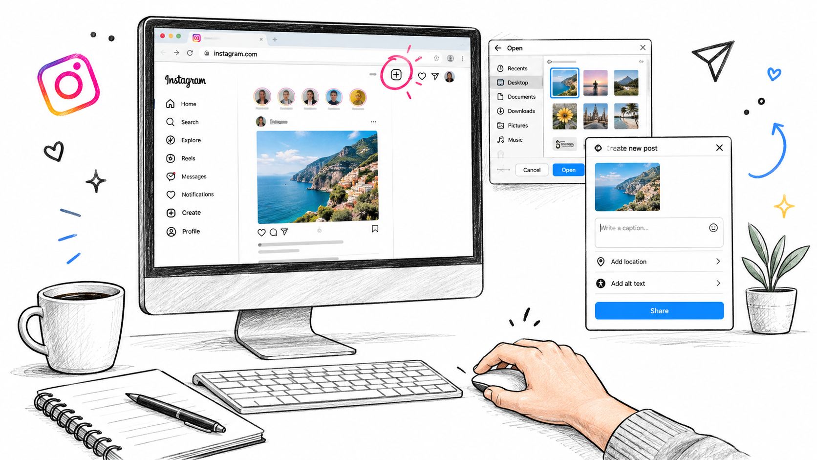 A hand using a computer mouse to post a photo to Instagram from a desktop PC setup.